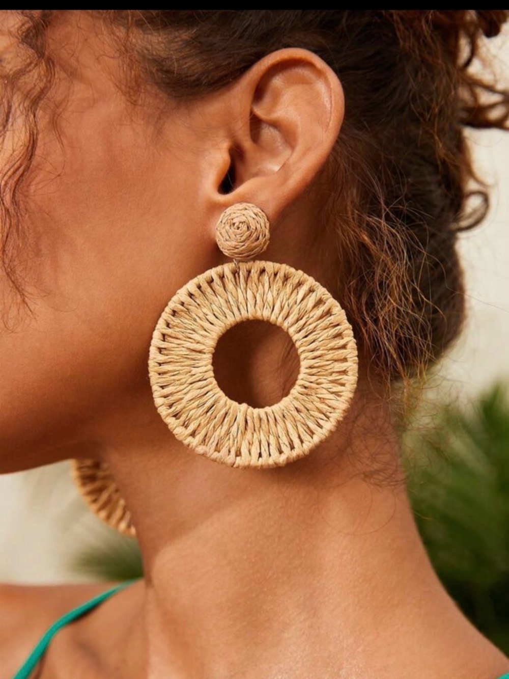 Natural Woven Hoop Drop Earrings - Beige (Never Worn)